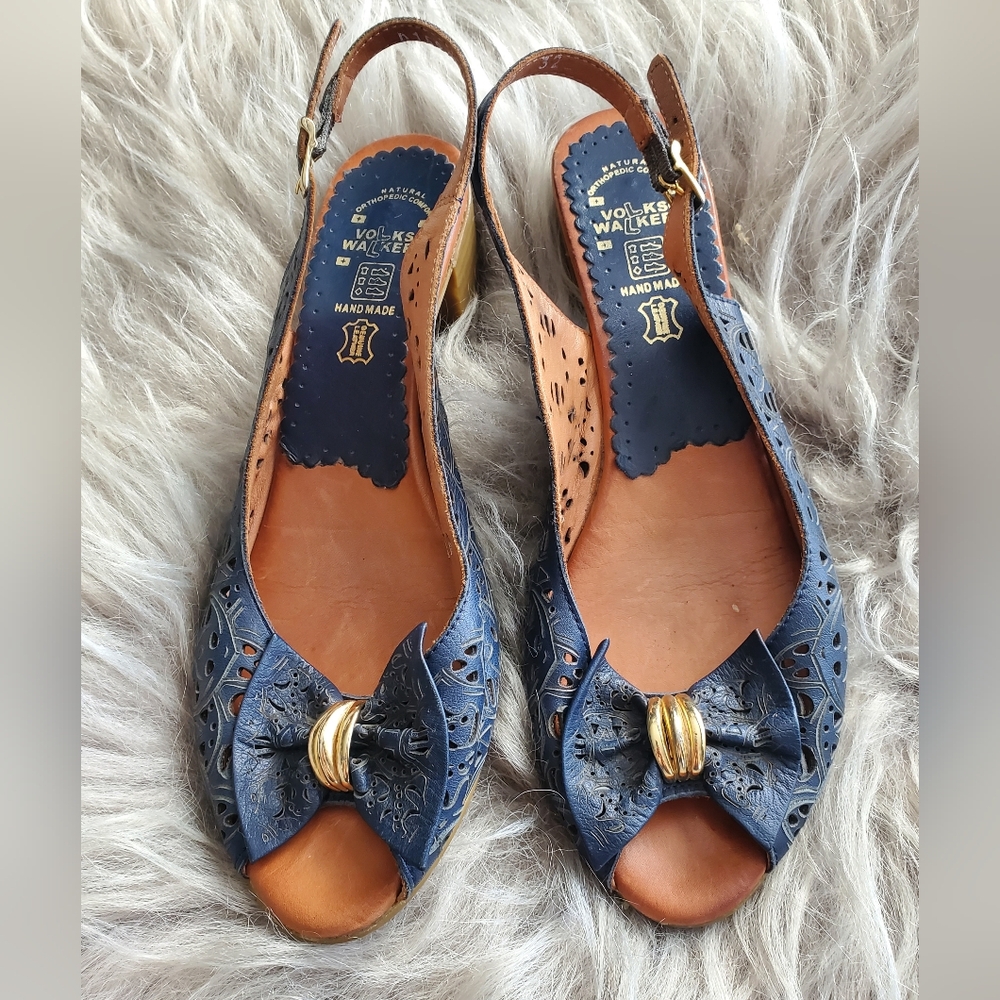 Leather Navy Slingback Heel Sandals Gold Accent Volks Walkers Handmade Size 8.5